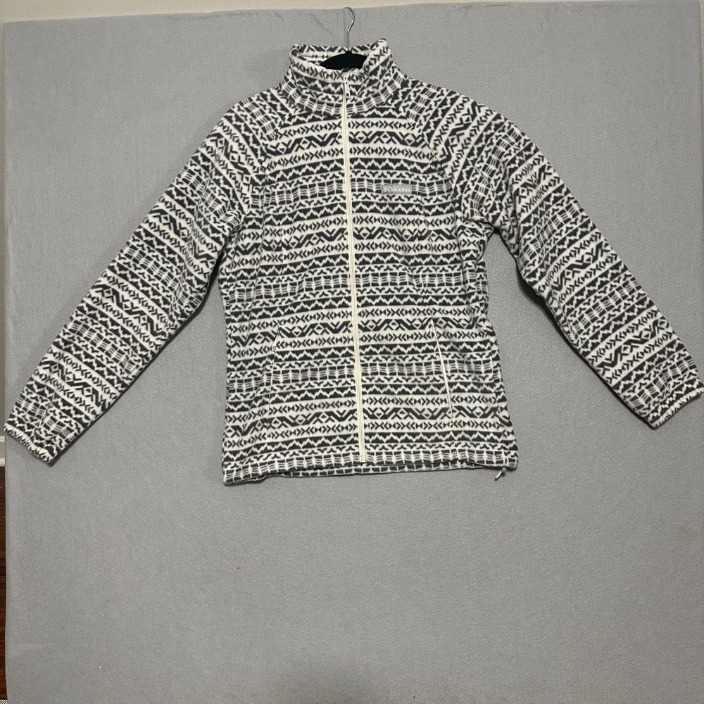 Columbia Womens Full Zip Fleece Jacket Grey White Geometric Fair Isle Medium